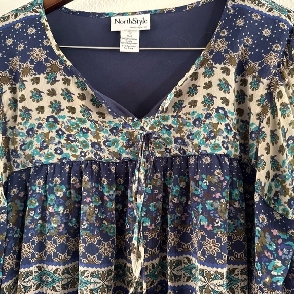 Boho Ditsy Floral Relaxed Plus 1X Patch Pattern Top Cottagecore Sheer Tie Neck - Picture 2 of 10